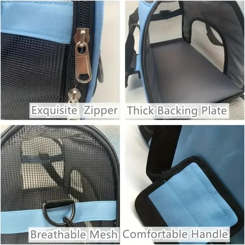 Close-up views of a pet carrier showing exquisite zipper, thick backing plate, breathable mesh, and a comfortable handle.