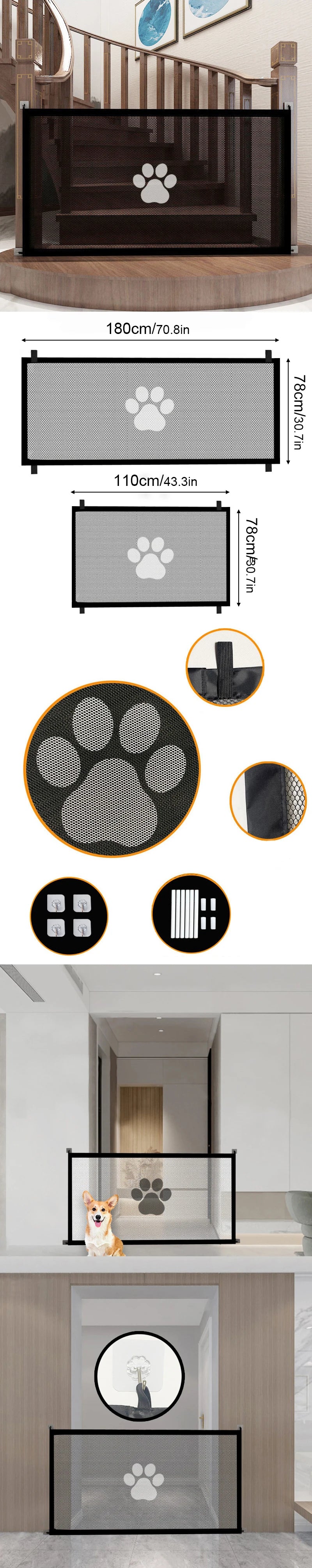 A portable folding pet safety gate with a breathable mesh is shown installed in a doorway, featuring a paw print design.