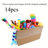 A cardboard box filled with 14 assorted colorful cat toys including feathers, ribbons, and various shapes.
