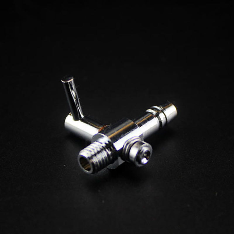 Stainless steel aquarium air splitter valve with a threaded connection and a vertical arm.