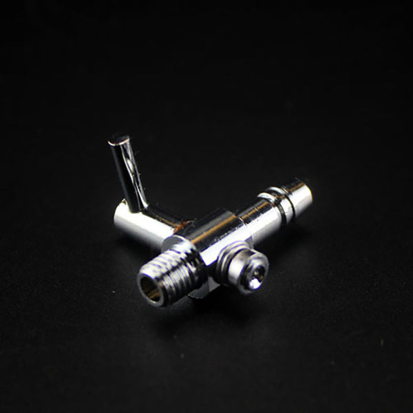 Stainless steel aquarium air splitter valve with a threaded connection and a vertical arm.