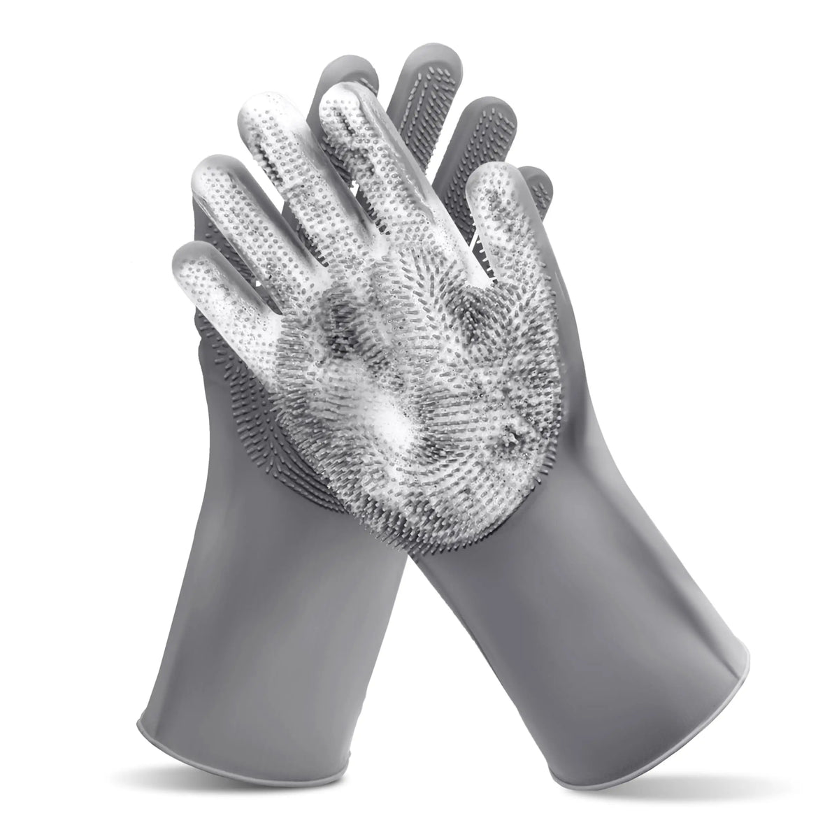 A pair of gray silicone pet bathing gloves with textured grooming teeth shown from above.