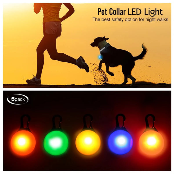 Five colored LED lights from a pet collar product displayed against a dark background.