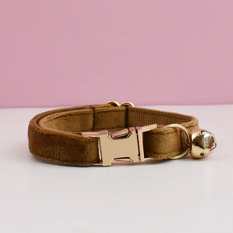 A brown velvet cat collar with a gold-toned buckle and bell resting on a white surface.