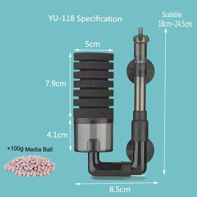 YU-118 specification showing an aquarium biochemical sponge filter with various dimensions and a media ball