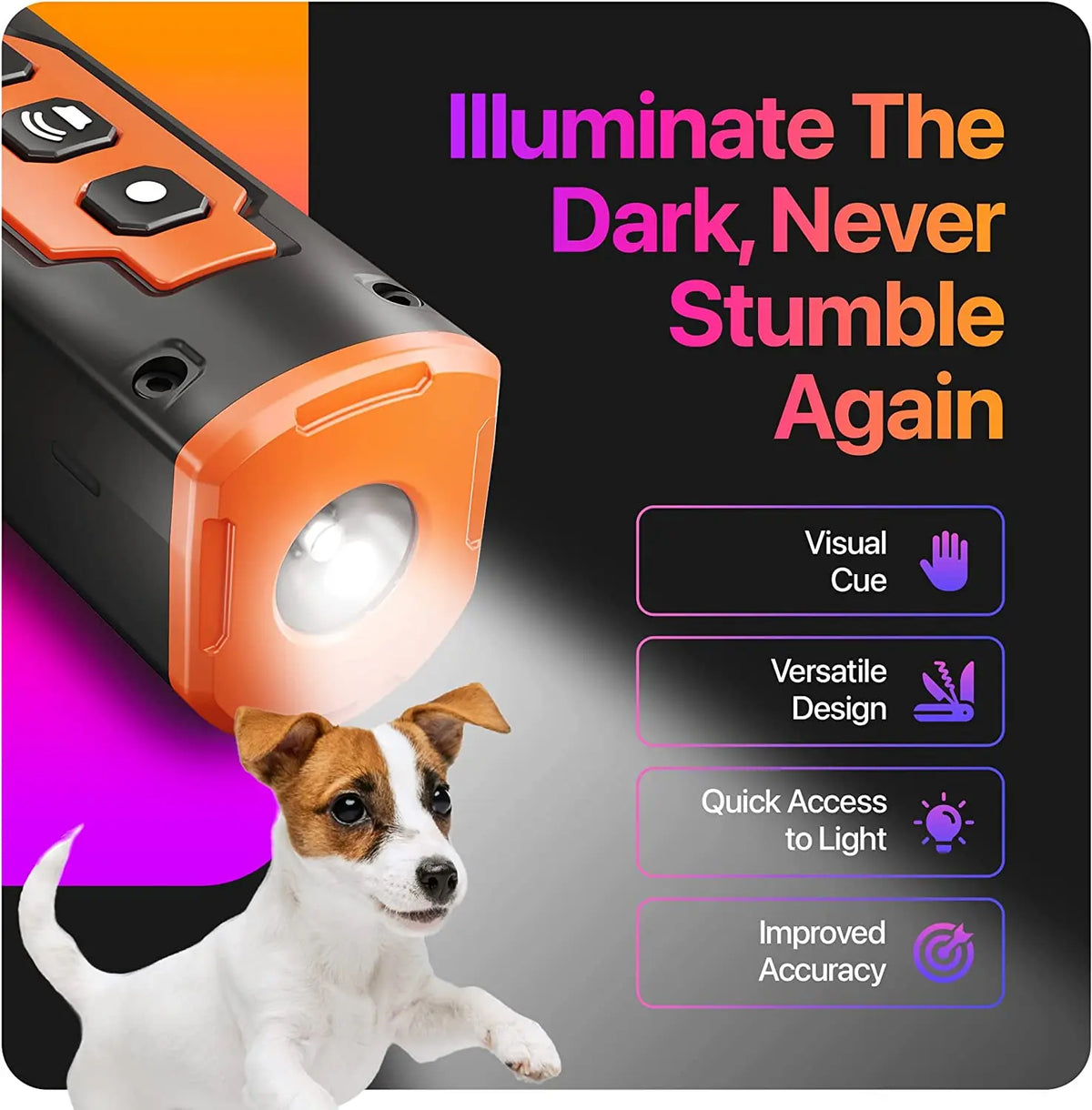 Disuasorio ultrasónico de ladrido naranja y negro con linterna LED junto a un perro.