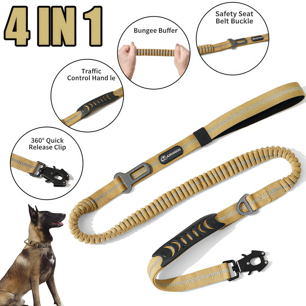 A heavy duty reflective dog leash with padded handles and traffic control features shown alongside various components.