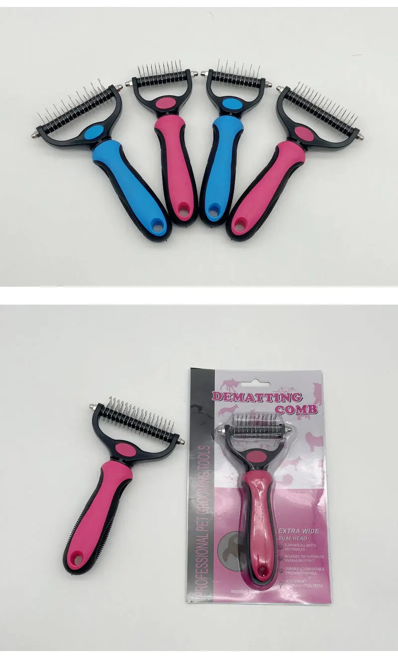 A set of five pink and blue professional pet deshedding combs for dogs and cats.