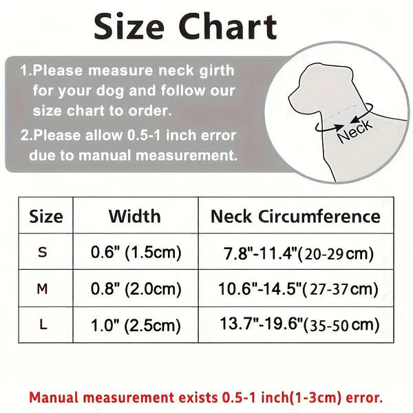 Size chart for adjustable nylon dog collars showing width and neck circumference measurements for sizes S, M, and L