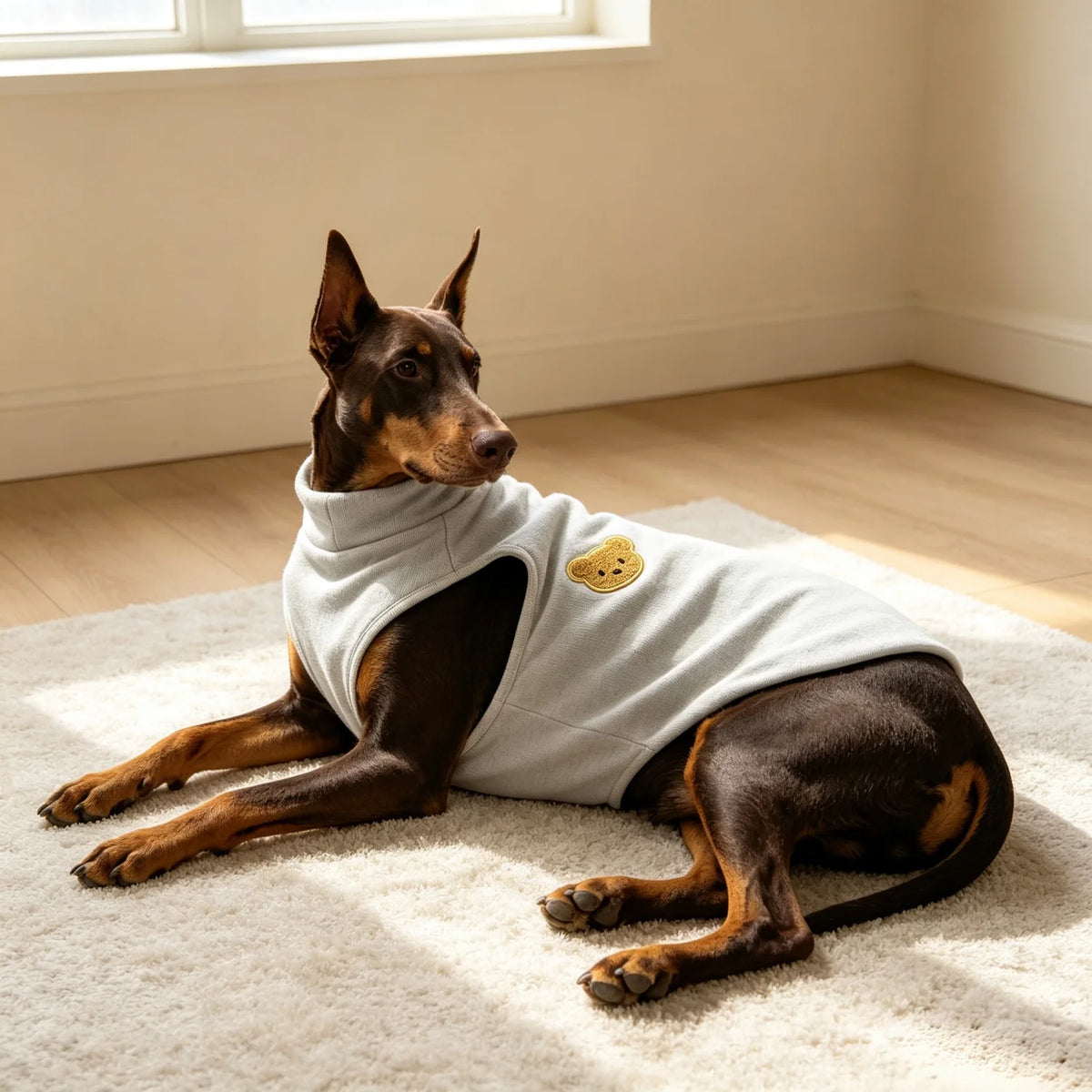 A brown dog wearing a light gray cozy turtleneck vest with a tan bear patch, lying on a cream rug.