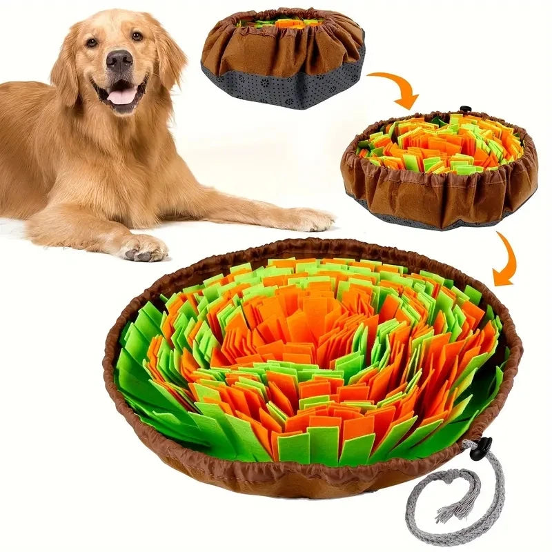 A dog is sniffing a colorful, foldable felt mat designed for dog training.