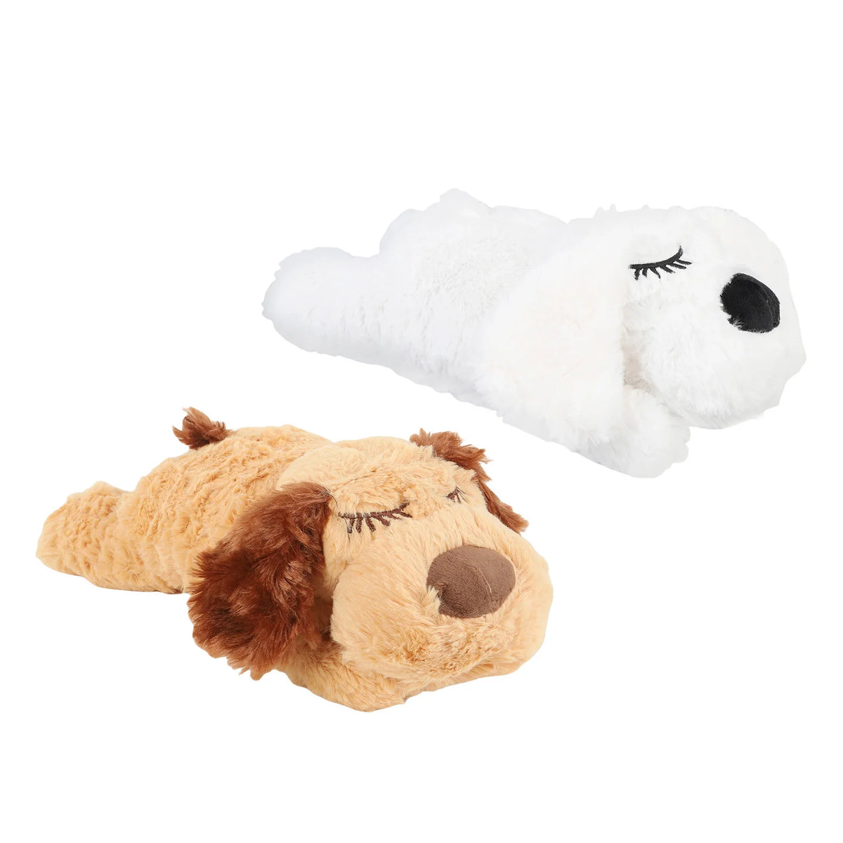 A white stuffed animal resembling a dog's head with closed eyes and a black nose.