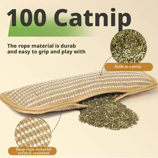 A close-up of a brown rope material product labeled 100 Catnip, showing the durable hemp rope and associated materials.
