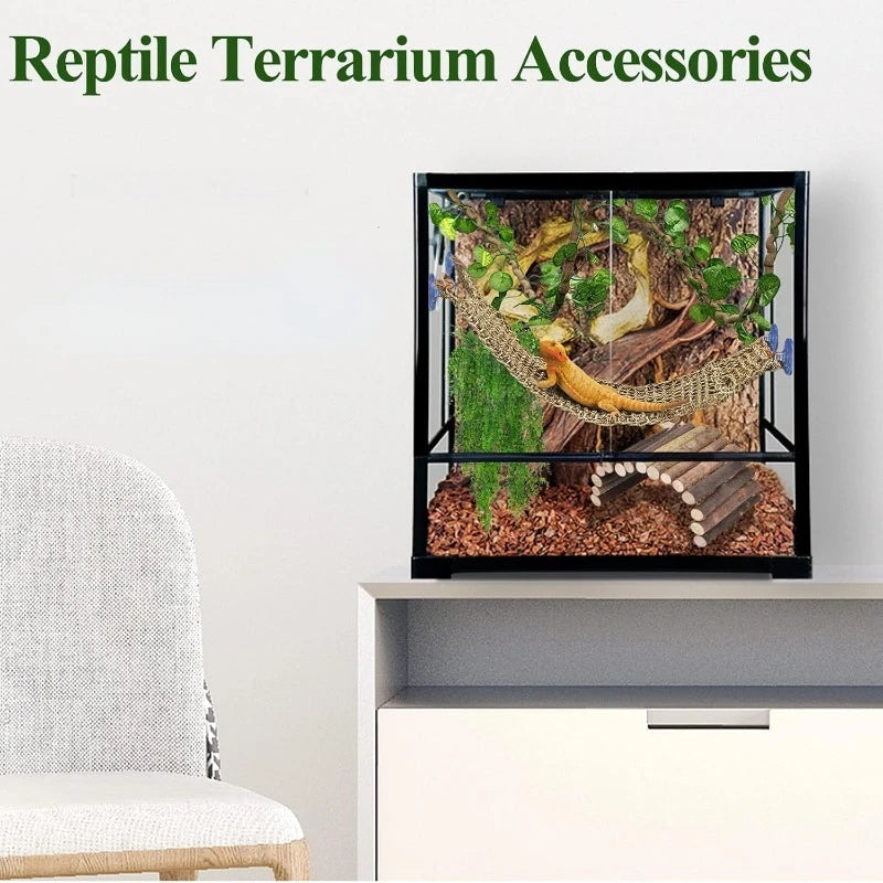 A glass terrarium display featuring a reptile hammock and climbing bridge set with suction cups.