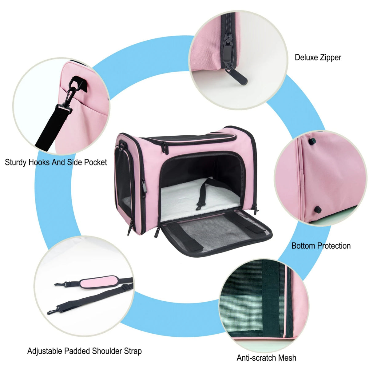 Pink soft-sided pet carrier for cats and small dogs featuring a deluxe zipper, sturdy hooks, padded shoulder strap, and anti-