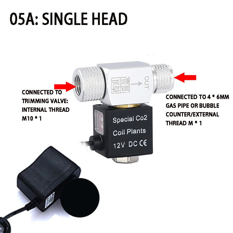 A single head CO2 solenoid valve regulator assembly with connections for trimming valves and gas pipes.