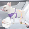 A white dog wearing a purple safety harness with an adjustable traction rope, shown in a car interior.