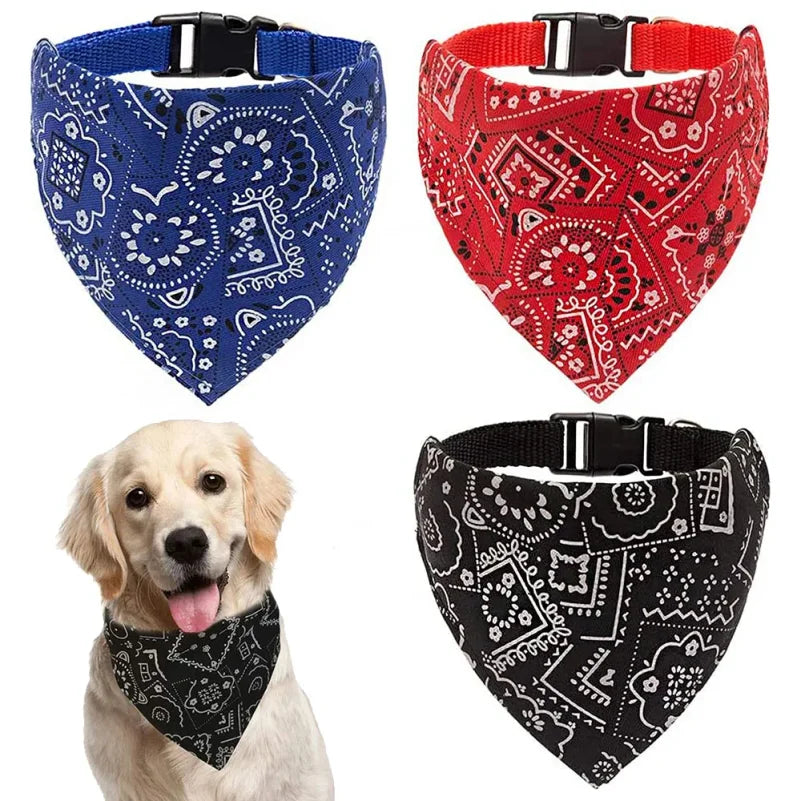 Tres collares para mascotas estilo bandana con patrones paisley en azul, rojo y negro en un perro.