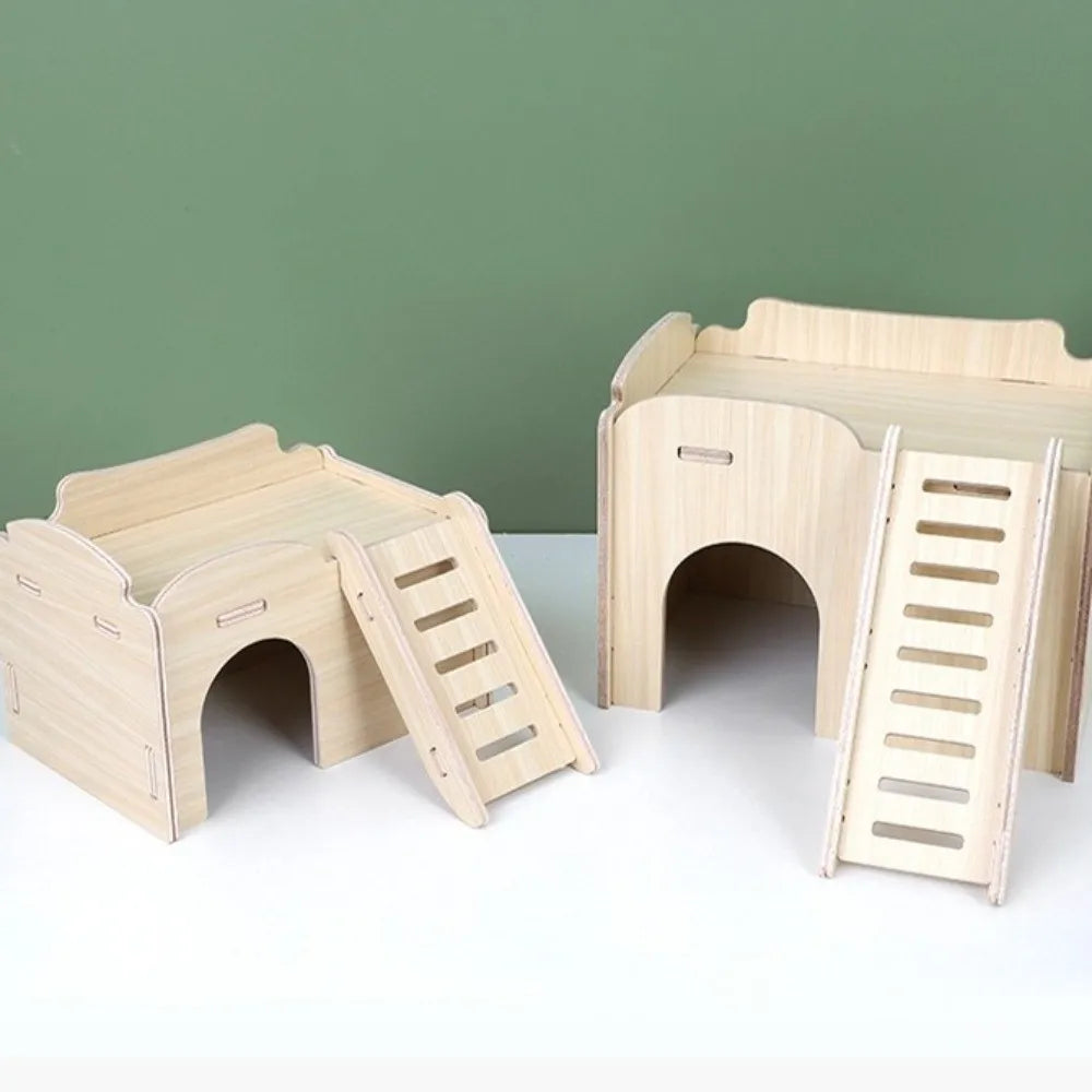 Natural Wooden Hamster Villa with Climbing Platform