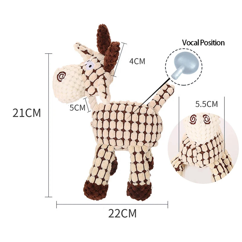 A beige and brown knitted plush toy shaped like a donkey or horse, designed for interactive play.