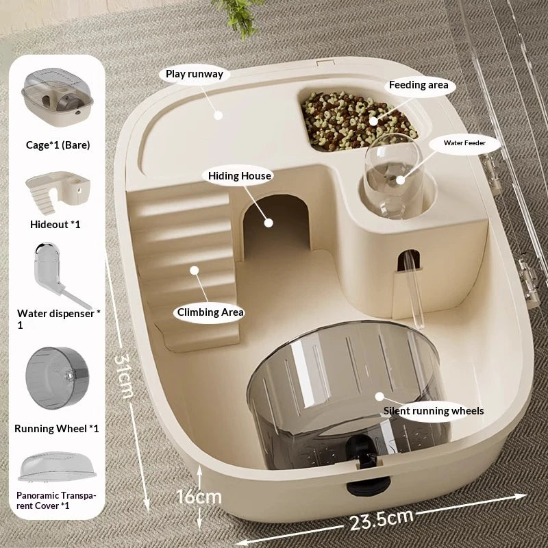 Luxuriertes Hamstergehege mit Spielbahn, Futterbereich, Versteck und Wasserspender.