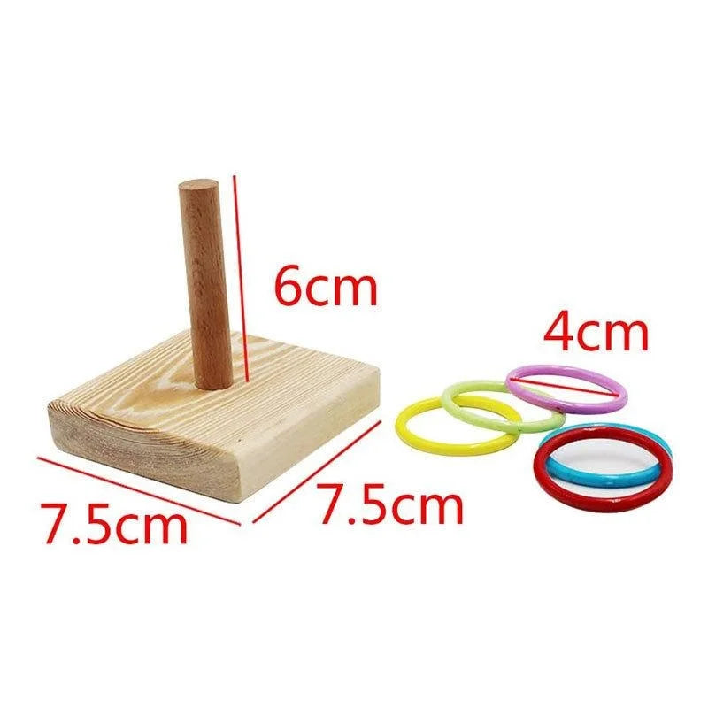 Wooden and plastic rings with a wooden stick used as a bird toy