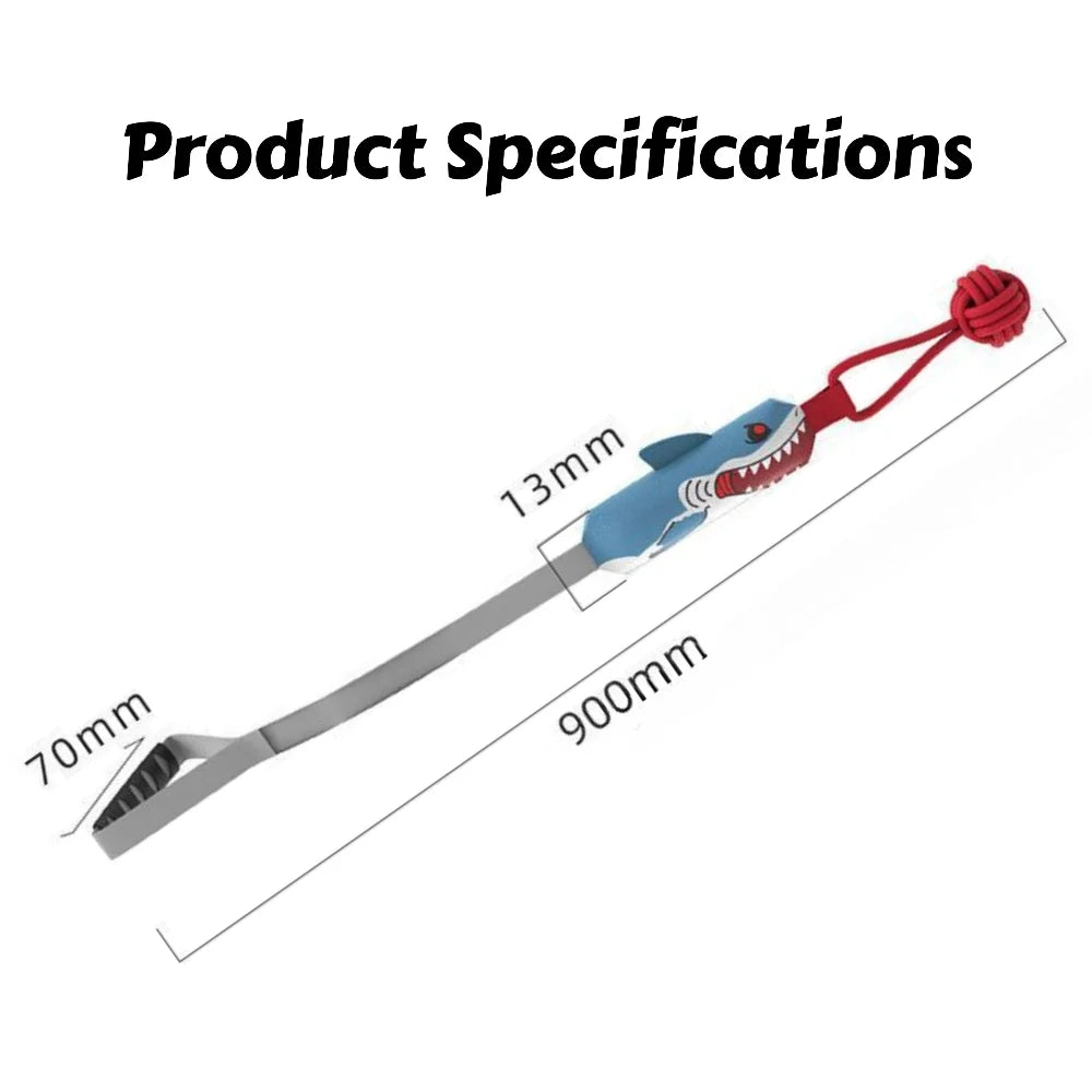 A blue and red interactive shark rope tug toy with a suction cup, shown with dimension lines.