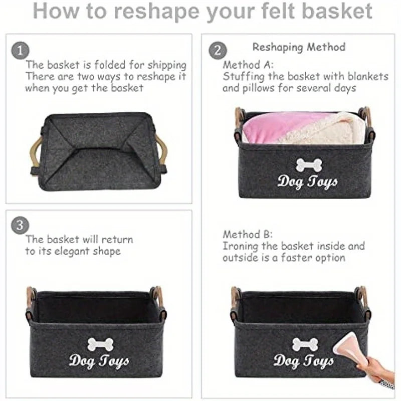 Instructions showing how to reshape a felt pet toy storage basket using stuffing or ironing methods