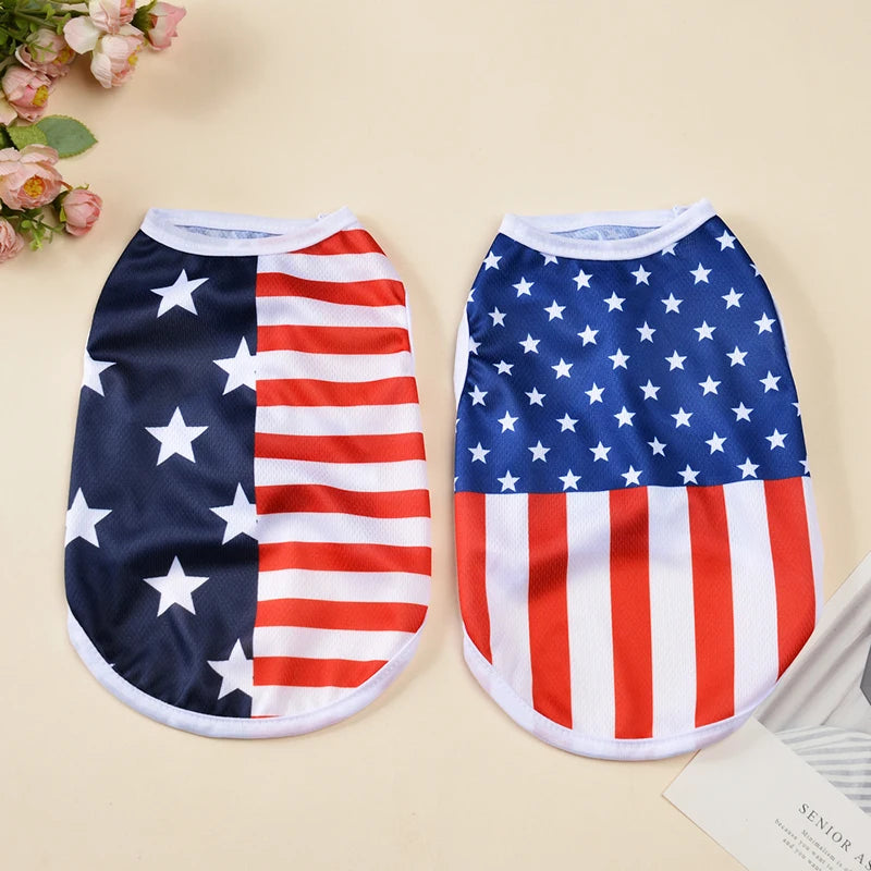 A patriotic Independence Day dog vest featuring the American flag design in blue, white, and red stripes and stars.