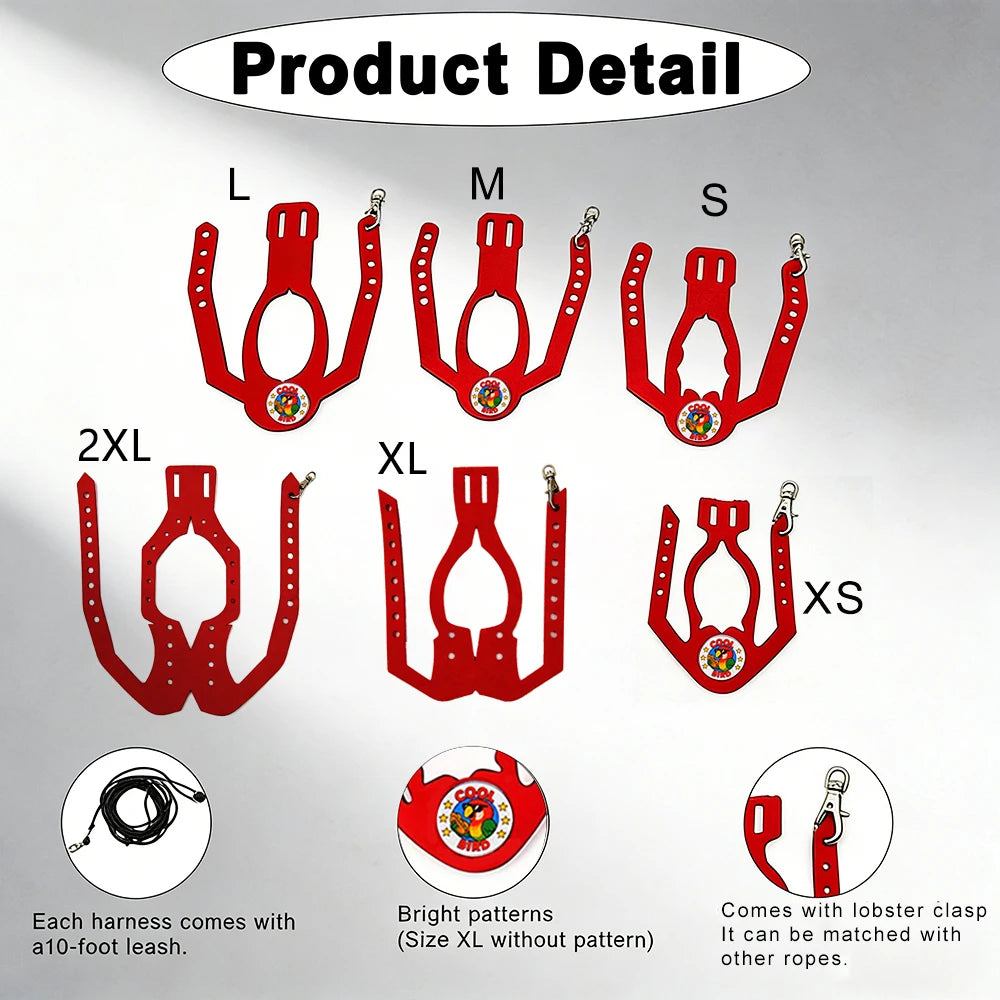A set of adjustable parrot harnesses in various sizes (L to XS) with a bright pattern and an elastic leash.