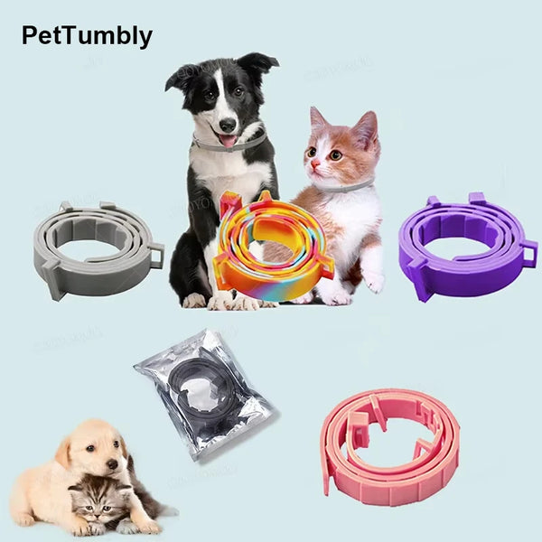 A collection of calming pheromone collars for cats and dogs, including a black dog, an orange cat, and various colored plasti