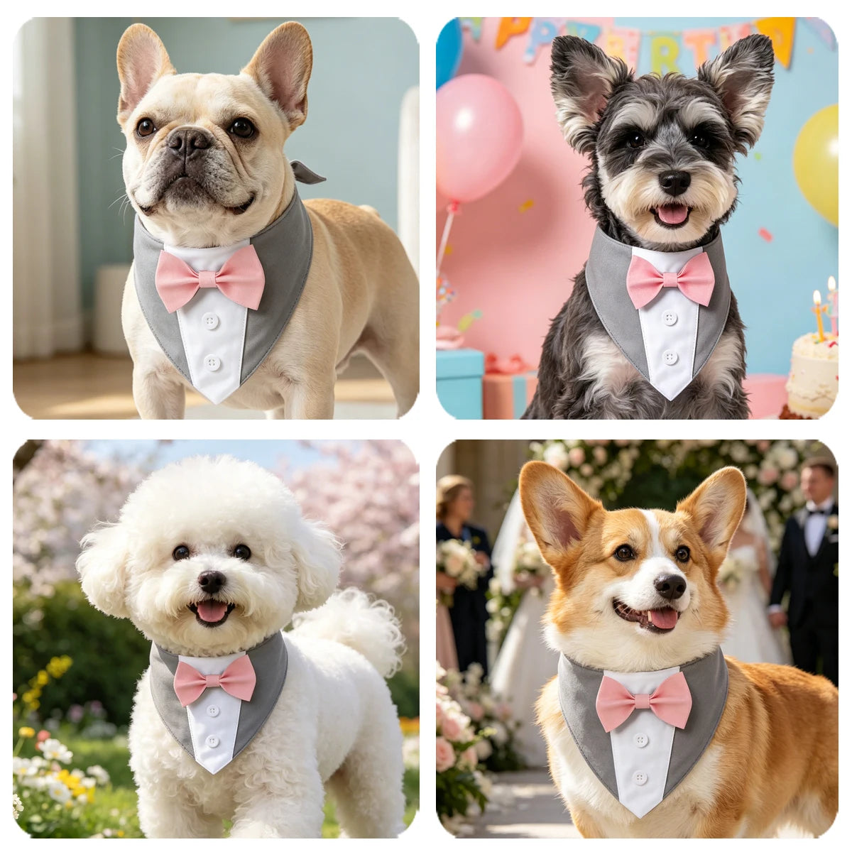 A collection of dogs wearing elegant gray and pink bow tie bandanas for parties.