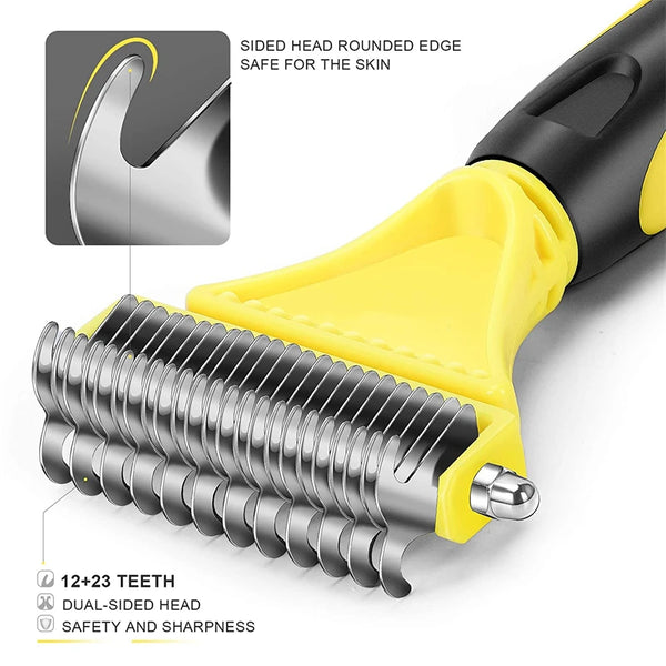 A yellow pet grooming brush with a black handle and a dual-sided stainless steel comb for grooming.