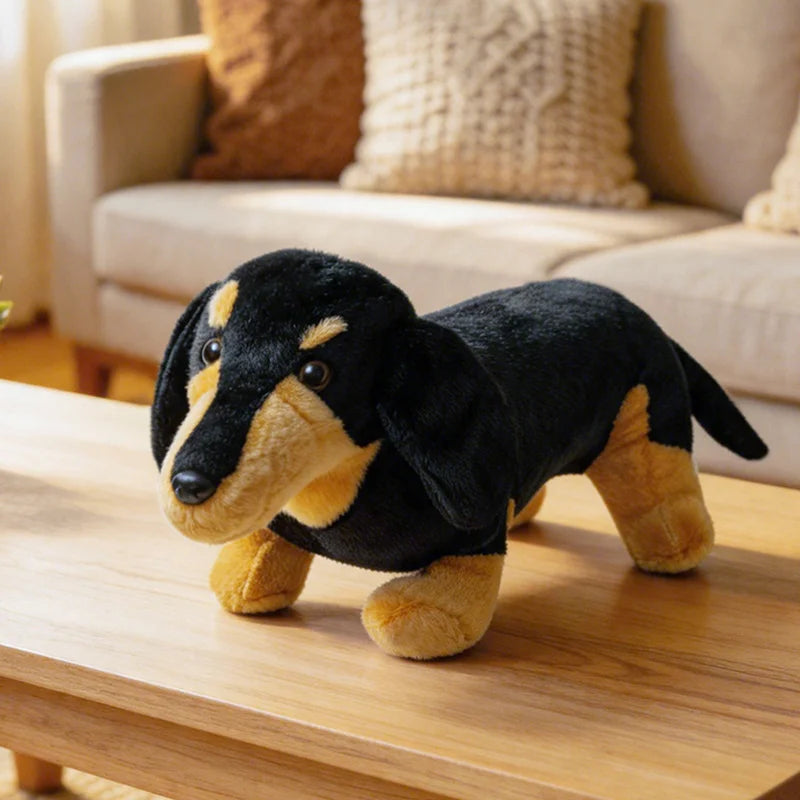 A black and tan dachshund plush toy lying on a wooden surface.