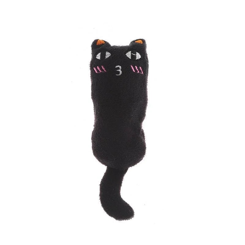 Schwarze Katzenpuppe mit rosa Augen und orangefarbenen Akzenten, die wie ein Katzenkopf aussieht.