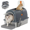 A gray stainless steel large cat litter box with a transparent lid and an orange lever, featuring multiple access points for 