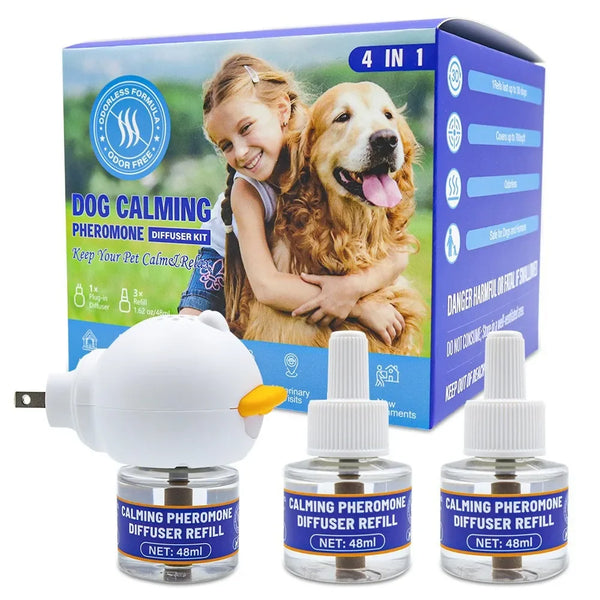 A box and three bottles of calming pheromone diffuser refills for dogs and cats are shown.