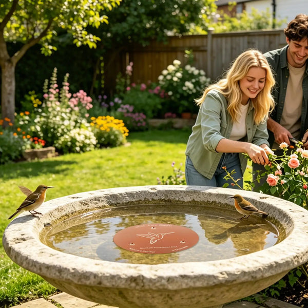 A woman tends to a natural copper bird bath with a purification disk in a garden setting.