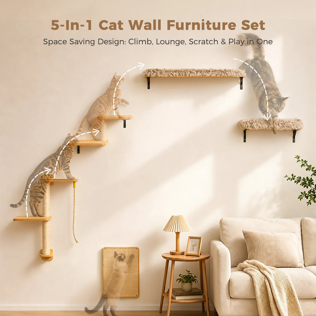 Modular Wall-Mounted Cat Climbing Shelves with Scratching Posts