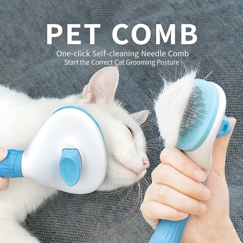 A hand is using a white and blue pet comb on a white cat for grooming.