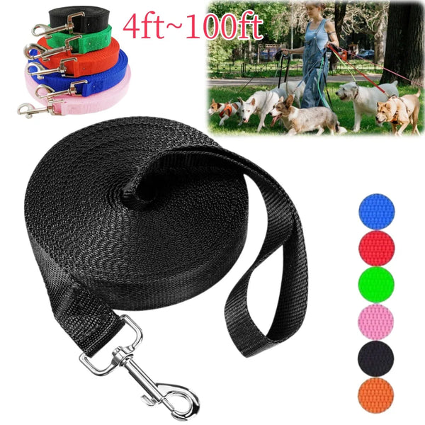 Black nylon dog leash with a clip and a color guide showing various leash lengths.