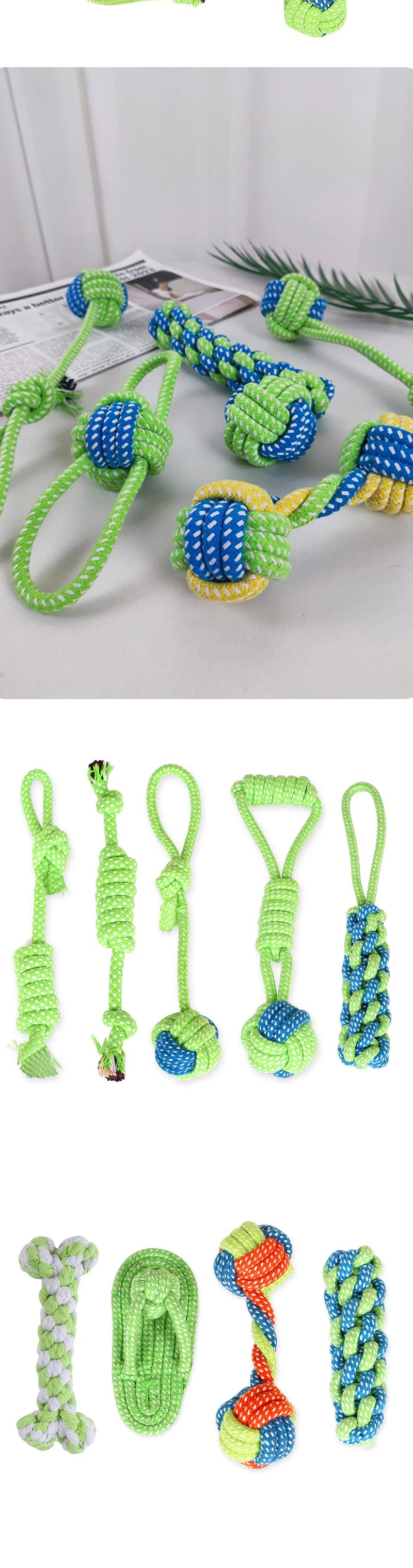 A collection of green, blue, and yellow cotton rope dog toys for dental health and interactive play.
