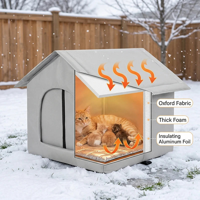 A gray insulated cat house with a slanted roof and an open front showing a cat inside, featuring Oxford fabric and thick foam