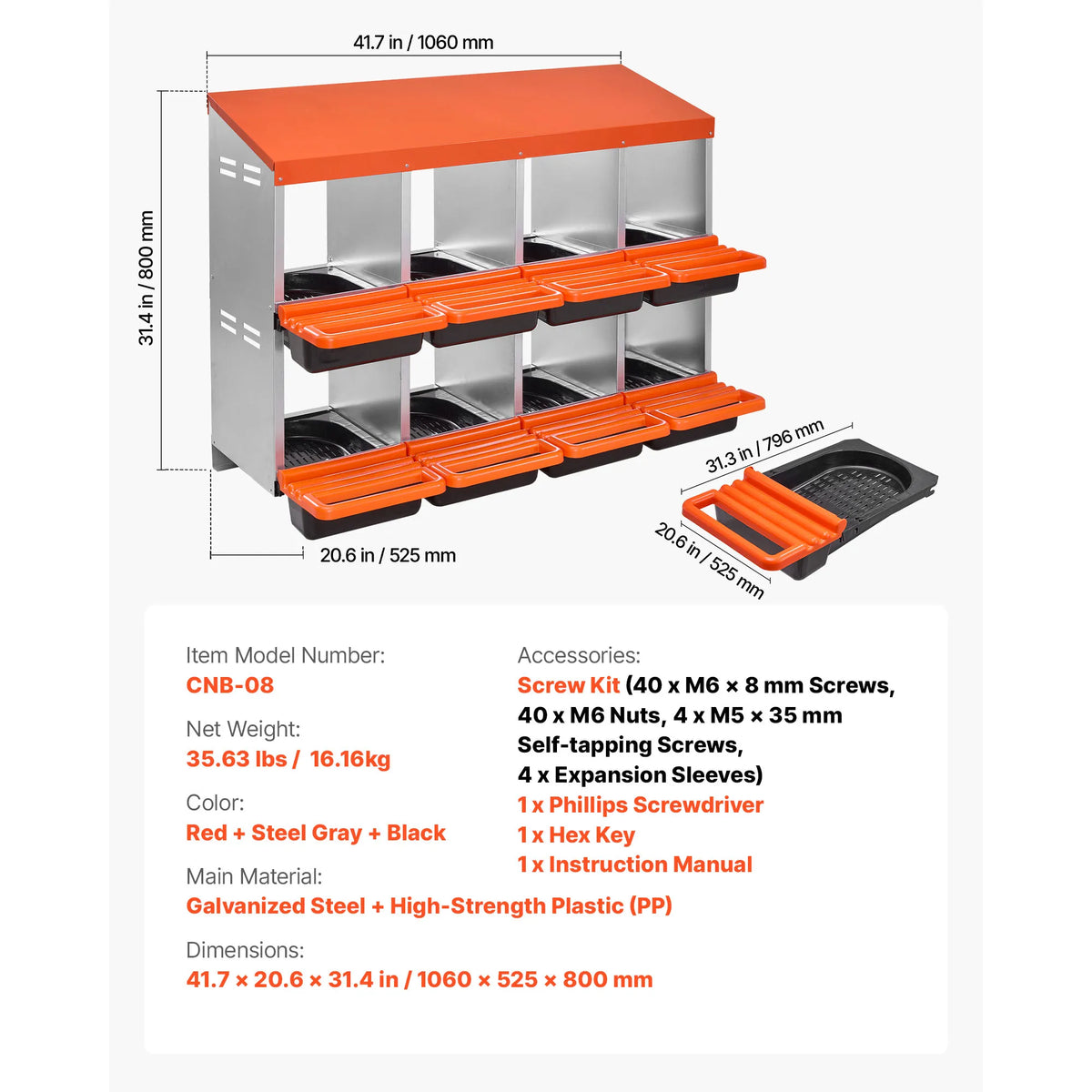 A rectangular galvanized steel chicken nesting box with an egg collection tray shown in orange and silver.