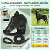 Black tactical dog harness with adjustable fit and control shown alongside a leash and size chart.