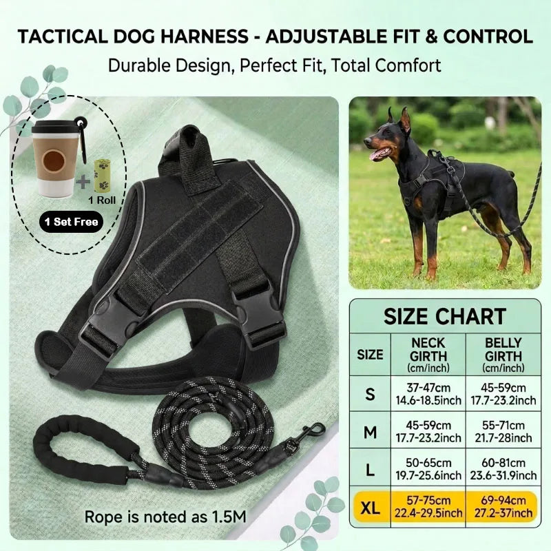 Black tactical dog harness with adjustable fit and control shown alongside a leash and size chart.