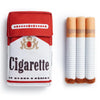 A red and white fabric case for a cigarette, next to three cylindrical tobacco sticks.