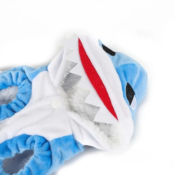 A blue and white fleece pet shark cosplay costume with a toothy mouth design.
