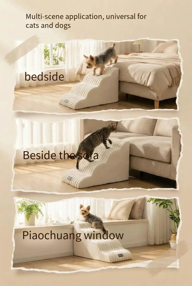 A multi-scene pet safety ladder used as a step aid for dogs and cats on beds, sofas, and windowsills.