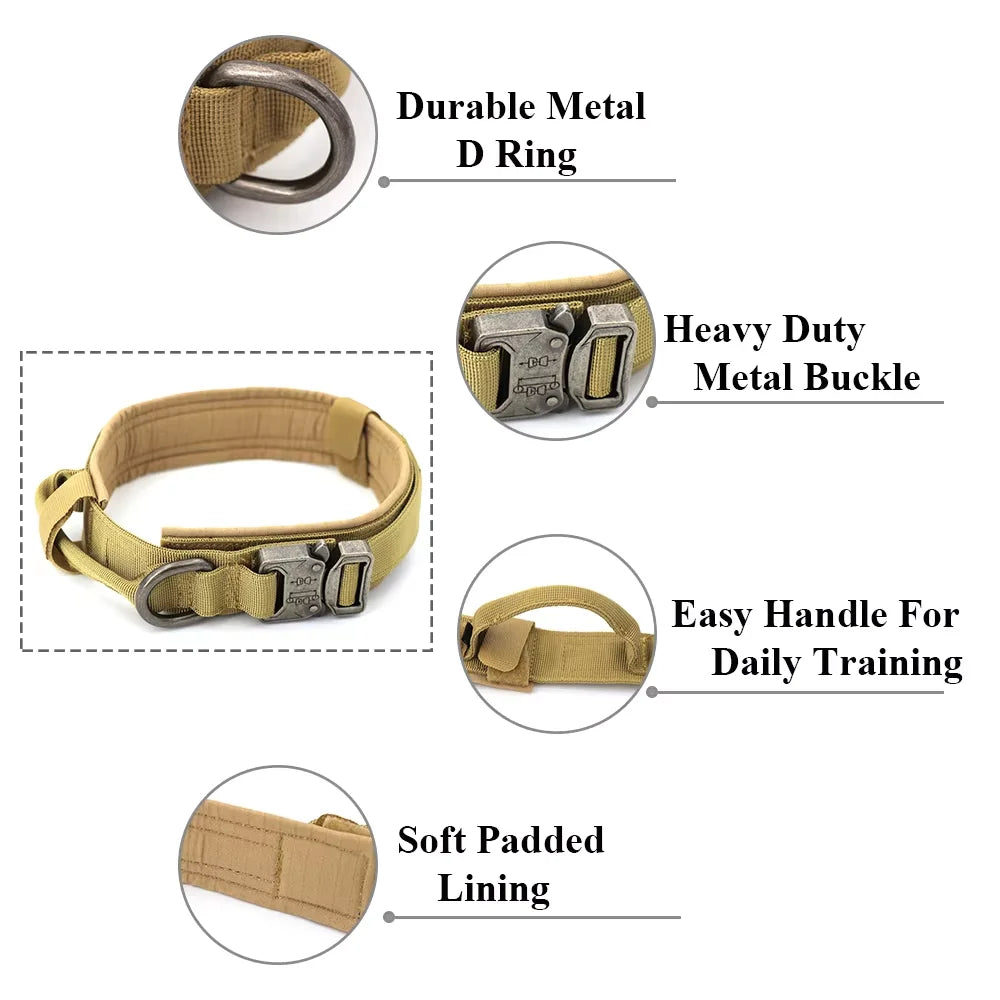 A tactical dog training collar and leash set featuring a durable metal D ring, heavy duty metal buckle, and soft padded linin
